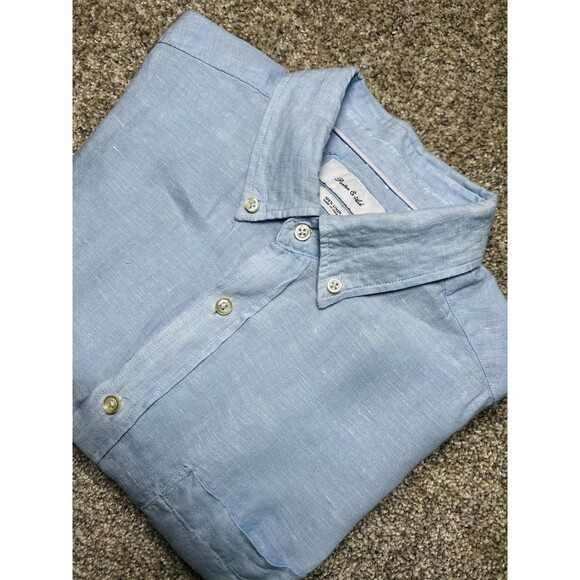 Porter & Ash Blue 100% Linen Short Sleeve Button Down Shirt Men's Size Large - Picture 1 of 14